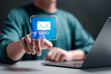 Marketing Or Newsletter Concept, Businessman Touching Virtual Email Icons For Send Documents By Email. Direct Selling Projects In Business List Of Customers Who Want To Send By Email.