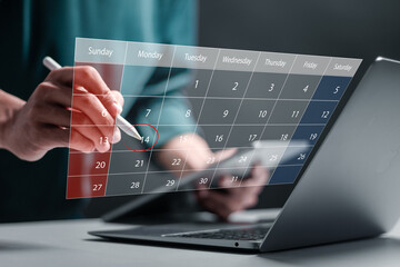 Agenda meeting appointment activity information concept. Highlight appointment reminders and meeting agenda on virtual calendar. Businessman use laptop to manage time for effective work.