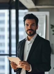 Wall Mural - Happy professional young latin business man company employee, male corporate manager, businessman office worker looking at camera holding digital tablet standing in office, vertical, Generative AI