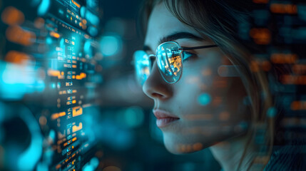 Futuristic Femme: Woman Engaged in Virtual HUD Interface Work