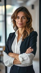 Wall Mural - Smiling confident Latin professional mid aged business woman in 40s, corporate leader, happy mature female executive, lady manager standing in office arms crossed looking at camera, Generative AI
