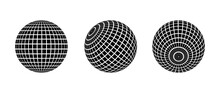 Black Disco Ball Set. Collection Of Wireframe Spheres In Different Angles. Grid Globe Or Checkered Ball Bundle. Mirrorball Element Pack For Poster, Banner, Music Cover, Party. Vector Illustration