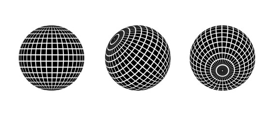 Black disco ball set. Collection of wireframe spheres in different angles. Grid globe or checkered ball bundle. Mirrorball element pack for poster, banner, music cover, party. Vector illustration