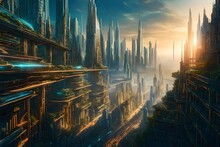 A Thought-provoking Choice-variation Scenario On A Futuristic City Skyline, Where Hovering Pathways Split In Different Directions, One Leading To A Utopian City Bathed In Sunlight
