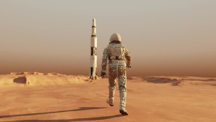 Wall Mural - astronaut walking on the surface of planet mars in space