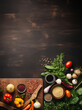 Hintergrund Tischplatte aus Holz mit Lebensmitteln, KI generiert