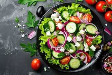 Wall Mural - Healthy vegetable salad featuring cucumber tomato olive onion lettuce and feta cheese presented from a top view as a banner