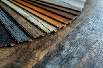 Poster - Laminate and vinyl floor samples on wooden background for renovating or new floor in buildings