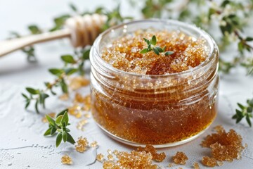 Wall Mural - Homemade lip scrub using brown sugar honey and olive oil on a white background