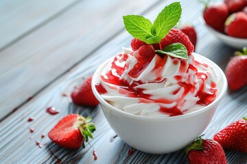 Wall Mural - Strawberry sauce atop whipped cream