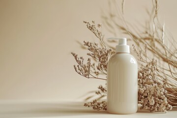 Poster - Mockup shampoo bottle amidst natural dry grass and paper on a neutral pastel beige background