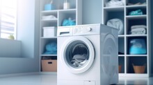 Washing Machine In A Clean Room With Hud And Flying Clothes Design As Wide Banner With Copy Space Area