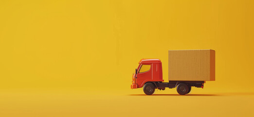 Courier truck, package delivery and warehouse transportation services for online shopping, distribution and branding. Yellow, cardboard box and transport diesel vehicle for product trading or parcels