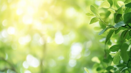 Wall Mural - Close up of beautiful nature view of green leaf on blurred greenery background in garden and sunlight with copy space using as background.