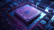 A hyper-realistic rendering of a semiconductor chip under neon lighting, the intricate details of the circuitry and components illuminated in vibrant hues of blue and purple
