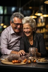 Wall Mural - Senior couple enjoying a cup of coffee while reviewing their financial statements at a cafe, Generative AI