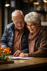 Wall Mural - Elderly couple reviewing their retirement savings and investment portfolio, Generative AI