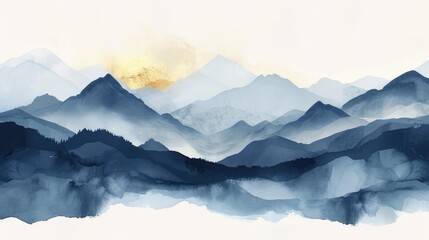 Wall Mural - Minimal mountain landscape watercolor with brush and golden line art texture