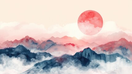 Wall Mural - chinese and Japanese oriental line art mountain and sun watercolor abstract background