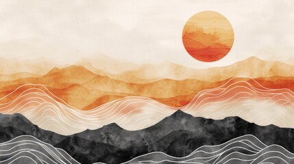 Wall Mural - chinese and Japanese oriental line art mountain and sun watercolor abstract background