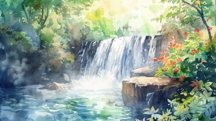 Wall Mural - watercolor painting of deep forest waterfall