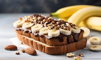 Sandwich with banana, peanut butter and chocolate on a wooden background