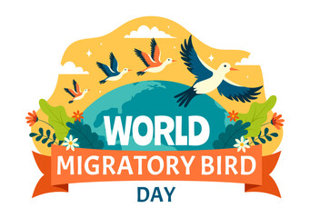 Wall Mural - World Migratory Bird Day Vector Illustration with Birds Migrations Groups and Their Habitats for Living Aquatic Ecosystems in Flat Cartoon Background