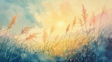 Watercolor Painting Of Sunset In The Reeds And Meadow