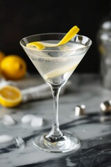 Canvas Print - Vodka martini cocktail with lemon twist in a bar setting