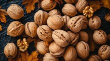 Background With Walnuts Nuts. Top View Of Nuts