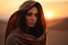 Portrait Of A Young Muslim Woman In A Hijab In The Desert Against The Sunset, Arabian Women Face Against The Sunset Ai Generated