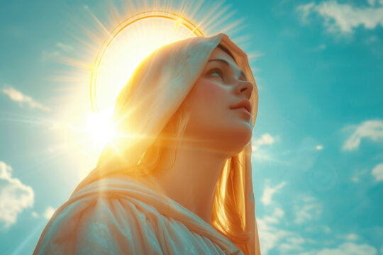 portrait of mary with glowing colorful halo light around head