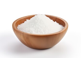 Wall Mural - Pile of white salt in a wooden Bowl in the photo on a white background. generative AI