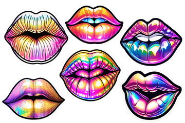 holographic lip sticker. Magic rainbow lips.  sexy woman lips with different emotions. Woman mouth with a kiss, smile, tongue and teeth isolated on background. clipart, collection, set