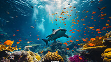 Underwater Scene With Coral Reef And Exotic Fishes, Beautiful Underwater Scenery With Various Types Of Fish And Coral Reefs, Colorful Fish Groups And Sunny Sky Shining Through Clean Sea Water.