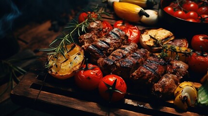 Wall Mural - Delicious grilled meat and fresh vegetable salad of tomato and paprika on a wooden tray. Created with Generative AI