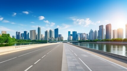 Wall Mural - Asphalt highway road and river with modern city buildings, Panoramic skyline and modern commercial buildings with empty road