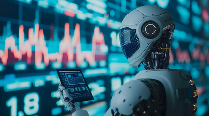Businessman, investor, programmer using ai technology and robot for working business and trading stock, big data technology