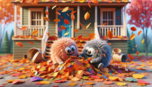 Two Small Furry Monsters Enjoying Autumn Fun In A Gigantic Pile Of Leaves In Front Of A House