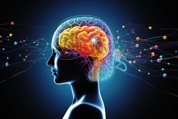 Wall Mural - Human brain deep learning memory processes. Long-term memory stores information, short-term memory handles stimuli. Mind processes information through firing of neurons, MRI Scan, Studying and Reading