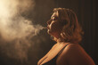 a fat woman smokes a cigarette