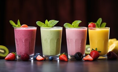 Canvas Print - Rows of colorful fruit smoothies with berries decorated next to them. generative AI