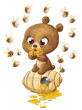 Little bear eating honey surrounded by bees