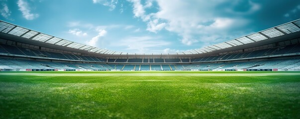 Football stadium with green grass and blue sky. generative Ai