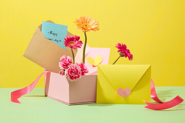 Front view of pink gift box fill with fresh flowers and cute paper cards for women on International Women's Day. Minimalist concept for celebration. Blank space for design