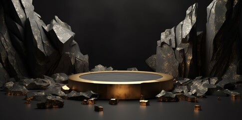 Wall Mural - The mini stage is circular in shape with gold color and black stone decoration on the side. generative Ai