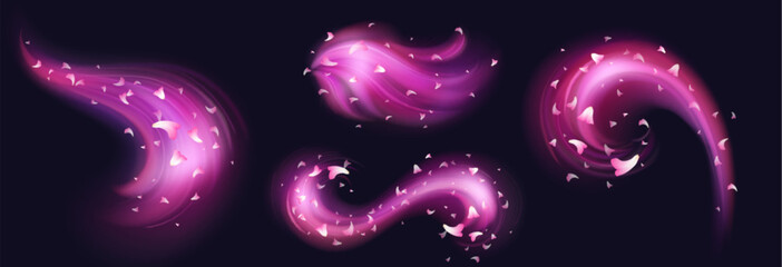 Wall Mural - pink fragrance wind swirl with glowing smoke and cherry or sakura tree flower petals. realistic vect
