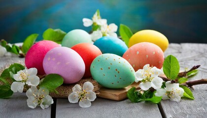 easter still life with eggs and flowers