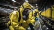 Gas mask-wearing officers assess a chemical leak in an industrial warehouse, Technicians in gas masks assess toxic spills in industrial warehouses. A Scientist analyzes pollution and dangerous toxins