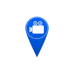 Sticker - Map mark icon with a film camera icon isolated on transparent background